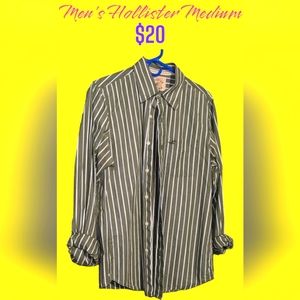 Hollister 100% cotton mens size M green and white striped long sleeve button up